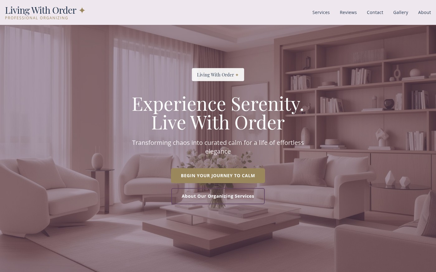 Living With Order website with an elegant living room and the headline Experience Serenity. Live With Order