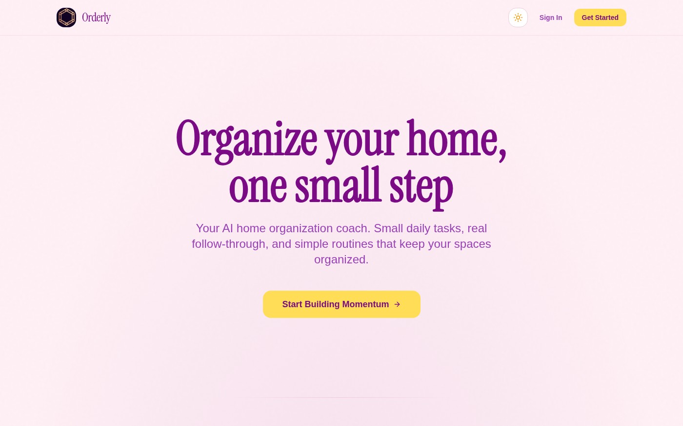 Orderly homepage with the headline Organize your home, one small step