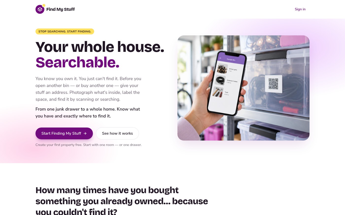 Find My Stuff homepage showing a phone scanning a QR label on a storage bin